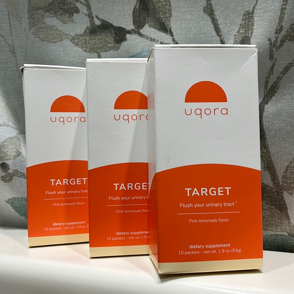 3 box bundle of Uqora Target. Each box has 10 pink lemonade flavored pouches.